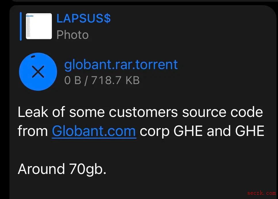 Lapsus$再出手：泄漏Globant软件公司70GB数据